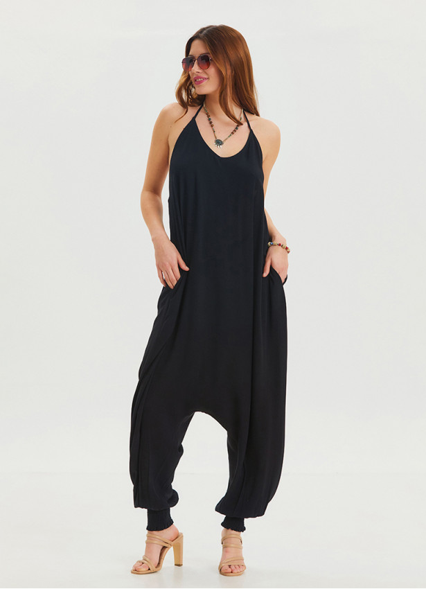 Black Bohemian Jumpsuit with Elasticated Legs and Tied Neck 4484